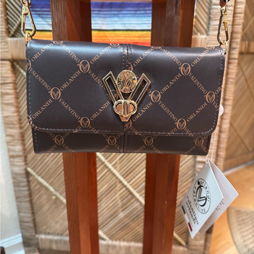 Valentino Orlandi Brown Quilted Clutch with Gold Emblem Lock